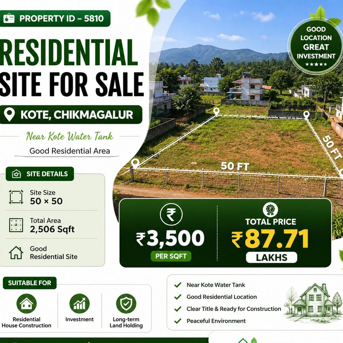 🆔 *PROPERTY ID –5810* 🏡 *Residential Site for Sale – Kote, Chikmagalur*